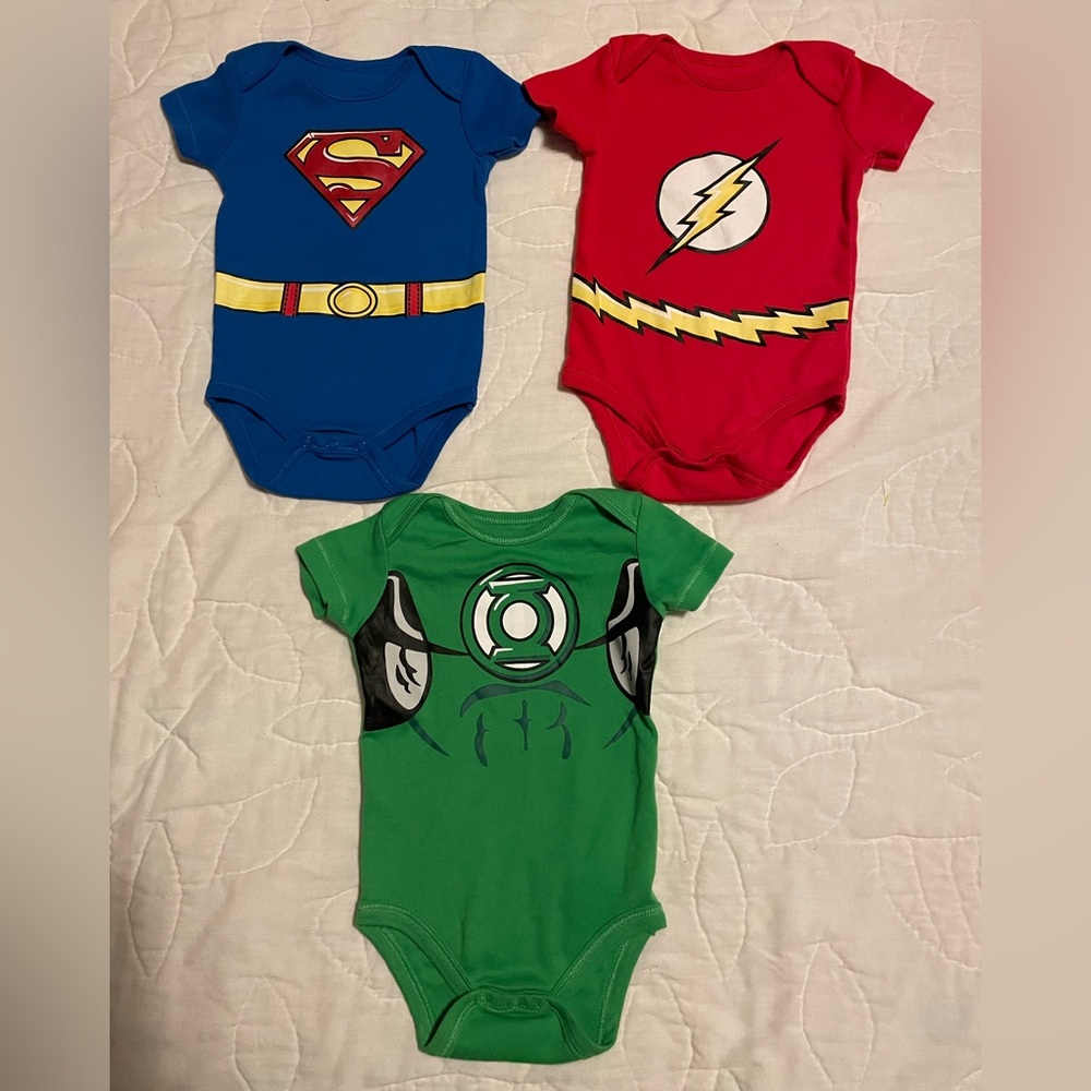 Superhero 3-6 months Baby Bodysuit Trio - Blue,Red,Green.